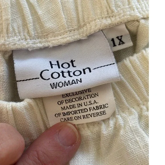 Hot Cotton Woman 1X Linen Pants Cream Floral Embroidered Pull On Cropped Elastic - Picture 3 of 8